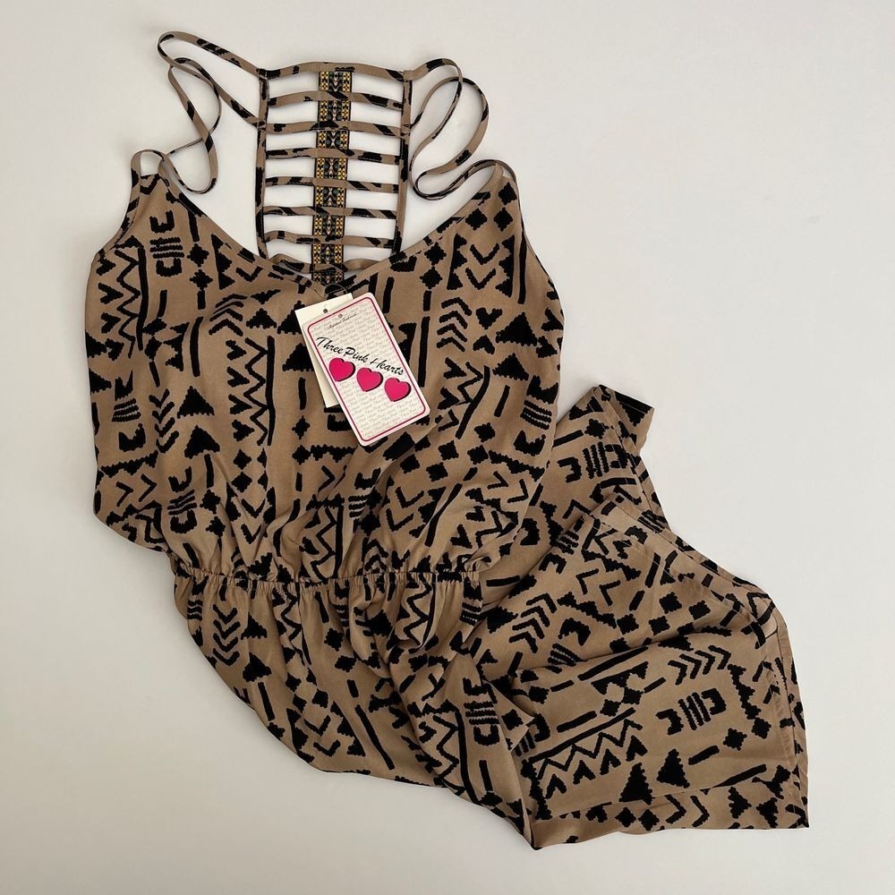 Three Pink Hearts Moroccan Spice Dress, Tan Beige Geometric Dress, Strappy‎ X13